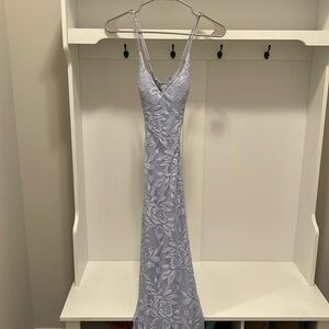La Femme Light Lavender Lace Prom Dress